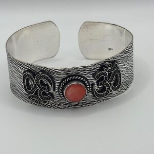 Sterling Silver and Coral Yoga Om Bracelet Sterling Silver 925 Yoga Cuff